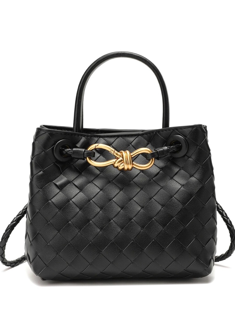 Woven Leather Top-Handle Tote in Black with Gold Hardware